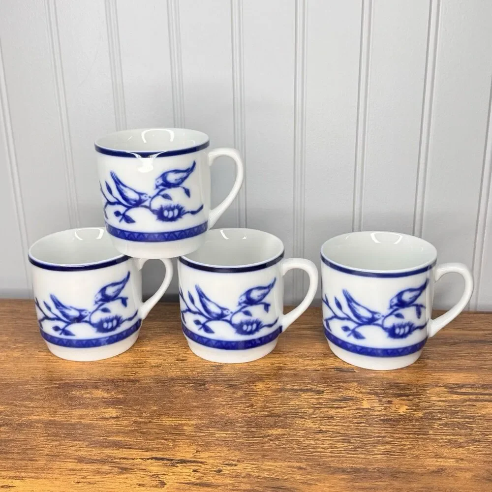 4 Williams Sonoma Blue White Tea Coffee Cup Mugs Bird Birds on The Branch